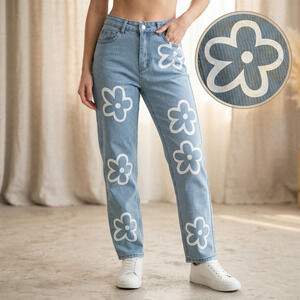 Unbranded Women's Daisy Flower Print Jeans Y2K High Waist Light Wash Size M